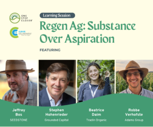 Banner graphic showing OSC and Climate Collaborative's upcoming Learning Session titled Regen Ag: Substance Over Aspiration, featuring four panel speakers. 
